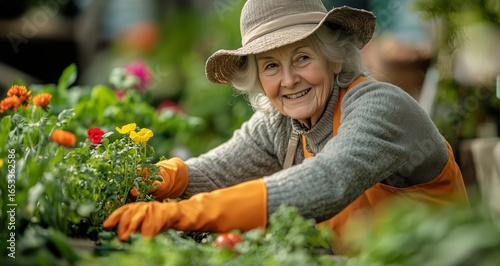 Senior Woman Gardening With Tomatoes in a Community Garden During Sunny After...