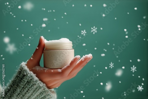 Fresh Snow-Like Texture in Hand With Pastel Green Background and Gentle Snowf...
