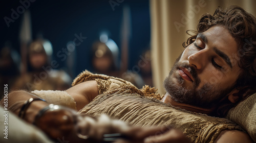 Samson sleeps in Delilah’s lap, his hair partially cut, capturing betrayal, vulnerability, and the tragic turning point of strength lost through deception..