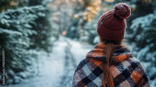 Enjoying a Snowy Winter Walk Through a Tranquil Forest Path Surrounded by Tre...