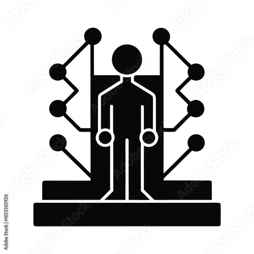 Vector art of human figure silhouette connected to a digital network, representing futuristic technology and cybernetics