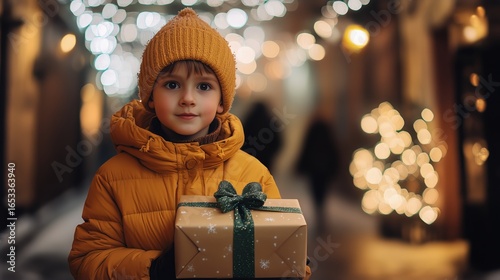Child Holding a Gift in Festive Market During Winter Evening.