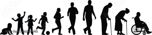 Silhouette Illustration Depicting Human Life Stages from Infancy to Old Age, Symbolizing Growth, Development, Aging, and the Journey of Life