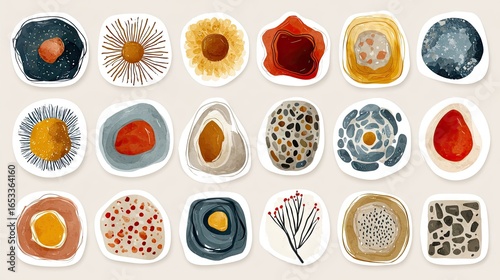 Abstract decorative shapes in various colors and patterns.
