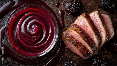   A slab of meat resting on a wooden platter alongside a crimson sauce bowl