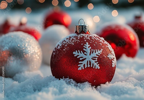 Beautiful Red Christmas Ornaments Resting on Snow With Soft Glowing Lights in...