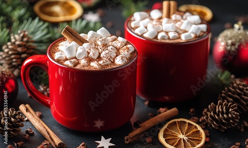 Warm Cocoa With Marshmallows in Red Mugs Surrounded by Holiday Decor and Pine...
