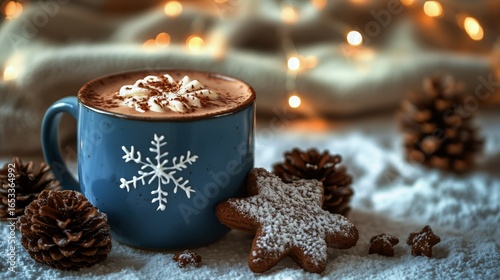 Cozy Hot Chocolate With Cookies and Pine Cones for a Winter Celebration.
