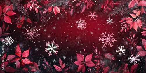 Winter Floral Design Featuring Snowflakes and Vibrant Leaves in a Festive Atm...