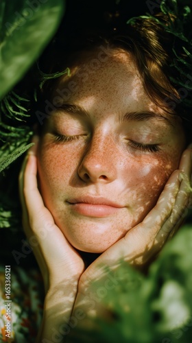Young Woman Enjoying Nature With Closed Eyes While Surrounded by Green Leaves...