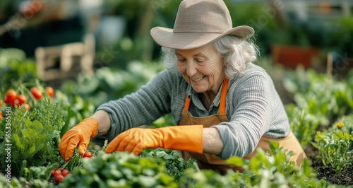 Senior Woman Gardening With Tomatoes in a Community Garden During Sunny After...