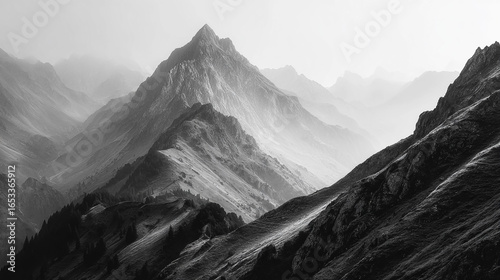Mountains rise in misty landscape in black and white. Concept: Adventure, exploration. For marketing, backgrounds, design.