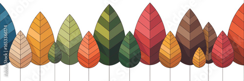 A row of stylized trees with colorful leaves in various shades and sizes against a white background