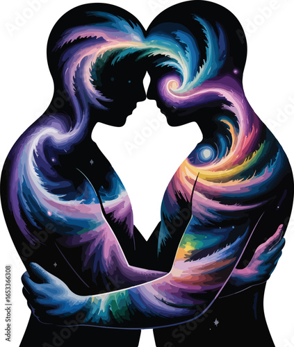 Vector art of two cosmic figures embrace, symbolizing love, connection, and togetherness