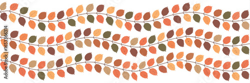 Three wavy lines of autumn leaves in various shades of brown orange and green on a white background art