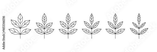 A row of six identical minimalist leaf illustrations in black outline on a white background evenly spaced