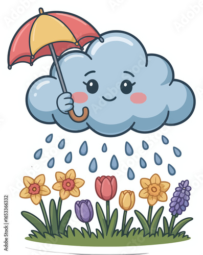 A cute cartoon cloud with an umbrella raining on colorful spring flowers and green grass.