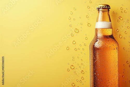 Refreshing Cold Beer With Droplets Against Bright Yellow Background on a Sunn...