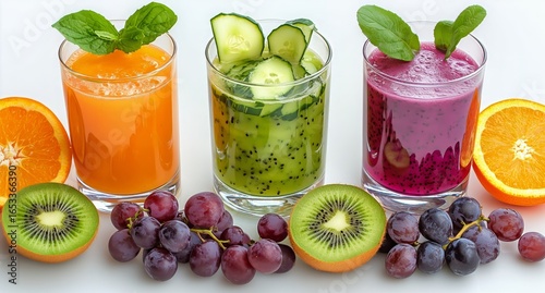 Refreshing Fruit and Vegetable Juices in Vibrant Glasses With Fresh Garnishes...