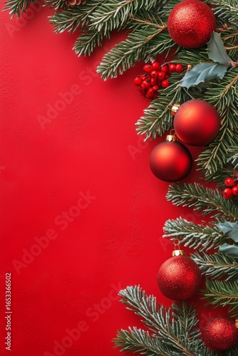 Festive Red Backdrop With Evergreen Branches and Shiny Red Ornaments for Holi...