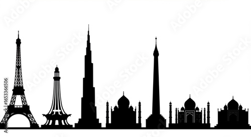 Iconic global landmarks skyline silhouette travel tourism concept famous architecture collection