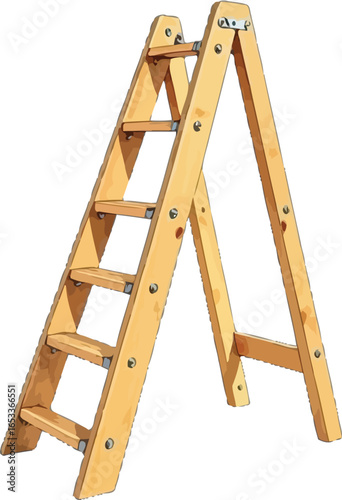A sturdy wooden stepladder with five steps on one side and a supporting A-frame structure on the other, isolated on a white background.