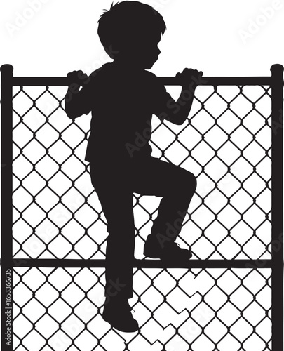 Silhouette of a young boy climbing over a chain link fence child