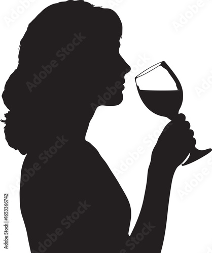 Silhouette of a woman smelling a glass of red wine female profile