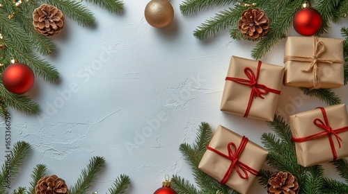 Festive Holiday Gifts Arranged With Decorations on a Light Background.