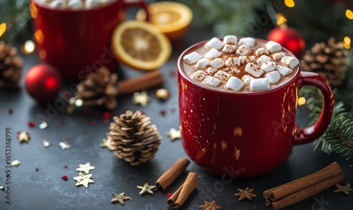 Warm Cocoa With Marshmallows in Red Mugs Surrounded by Holiday Decor and Pine...
