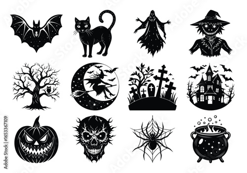 Collection of spooky halloween icons and symbols including a bat, black cat, witch, scarecrow, haunted tree, moon with witch, graveyard, haunted house, pumpkin, skull, spider, and cauldron