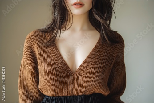 Stylish Outfit Showcasing a Trendy Brown Sweater Paired With a Black Pleated ...