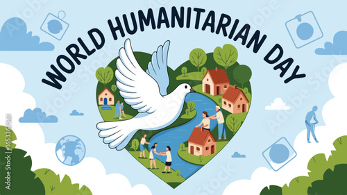 Vector art of world humanitarian day with dove and heart shape background illustration