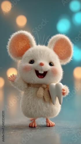 Cute Toy Mouse Holding a Tooth With Sparkling Background During a Joyful Moment.