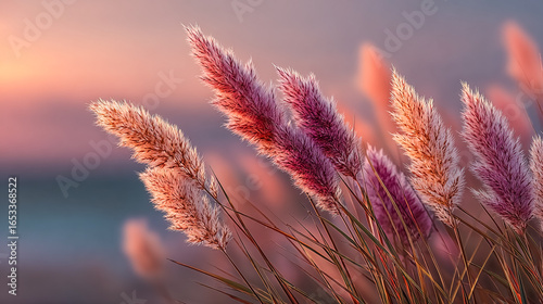 Pampas grass flowers glow in soft light. Use for nature imagery, seasonal design, backgrounds, or calm visuals.