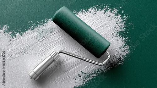 Painting tools for home improvement with a green roller and white paint