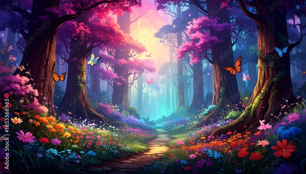 Obraz premium A vibrant, fantastical forest path bathed in colorful light