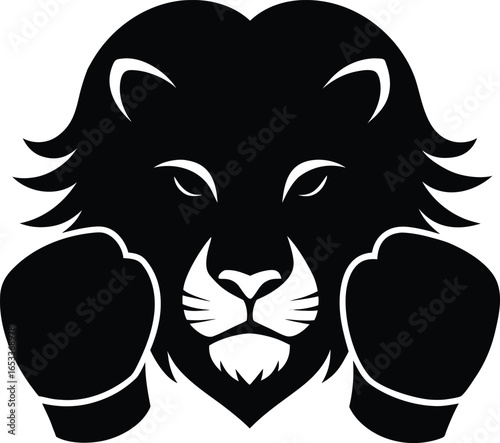 Lion boxer silhouette with boxing gloves isolated on white background