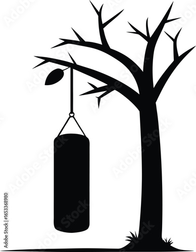 Silhouette of a boxing punch bag hanging from a bare tree branch isolated on white background silhouette