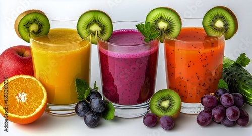 Fresh Fruit Juices and Vibrant Ingredients Displayed on a Table Near Colorful...