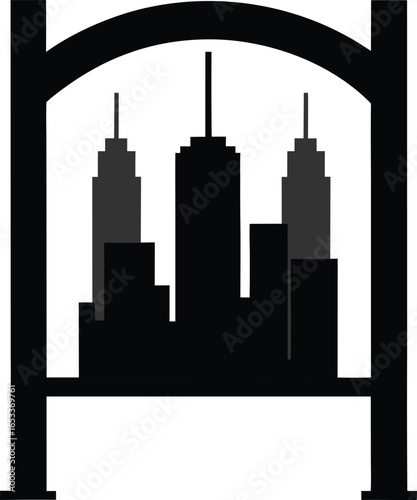 City skyline silhouette framed by an archway isolated on white background