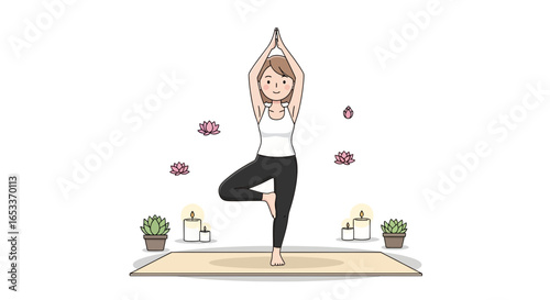 A fair-skinned woman in a white top and black leggings performs Tree Pose with hands raised, surrounded by succulents, candles, and lotus flowers.

