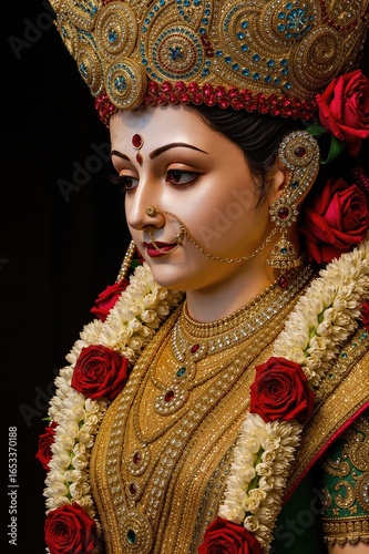 Wallpaper Mural Golden Durga Close-Up With Roses And Temple Jewelry
 Torontodigital.ca