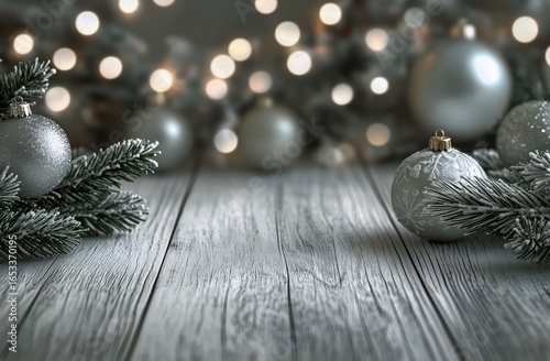 Elegant Silver Ornaments and Greenery Displayed on Wooden Surface for Holiday...