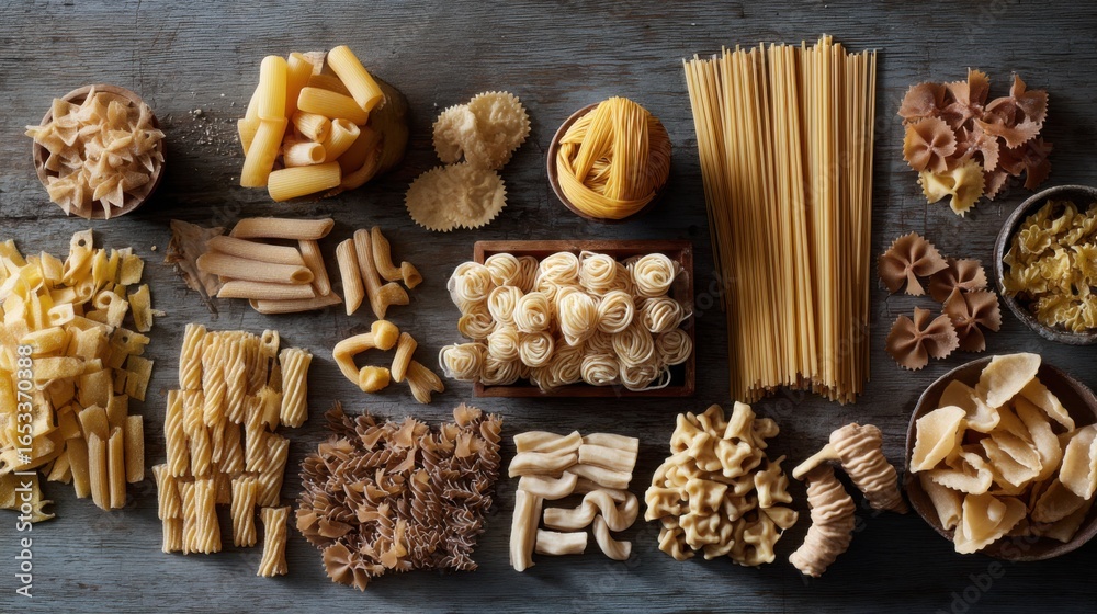 Fototapeta premium Varied Pasta Collection: An Assortment of Italian Dry Pasta Shapes