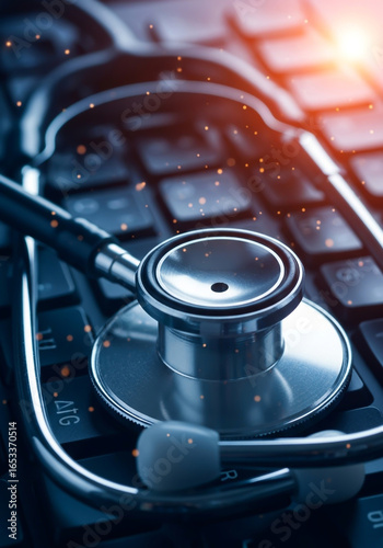 Stethoscope resting on a computer keyboard with dramatic lighting