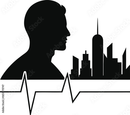 Silhouette of a man s head and shoulders with cityscape and heartbeat line isolated on white background silhouette