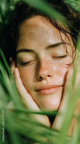 Portrait of a Young Woman Relaxing Among Lush Green Foliage.