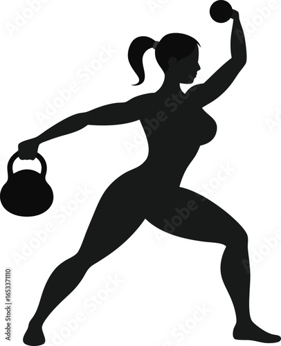 Athletic woman performing kettlebell exercise silhouette isolated on white background