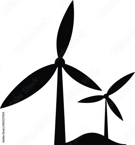 Two wind turbines in silhouette isolated on white background